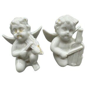 Vintage Ceramic Cherub Angel Figurines Set Of 2 White Musician Angels READ